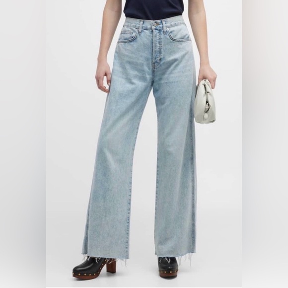 Veronica Beard Denim - Veronica Beard Taylor Relaxed Wide Leg Jeans High Rise Light Wash Frayed Hem 31